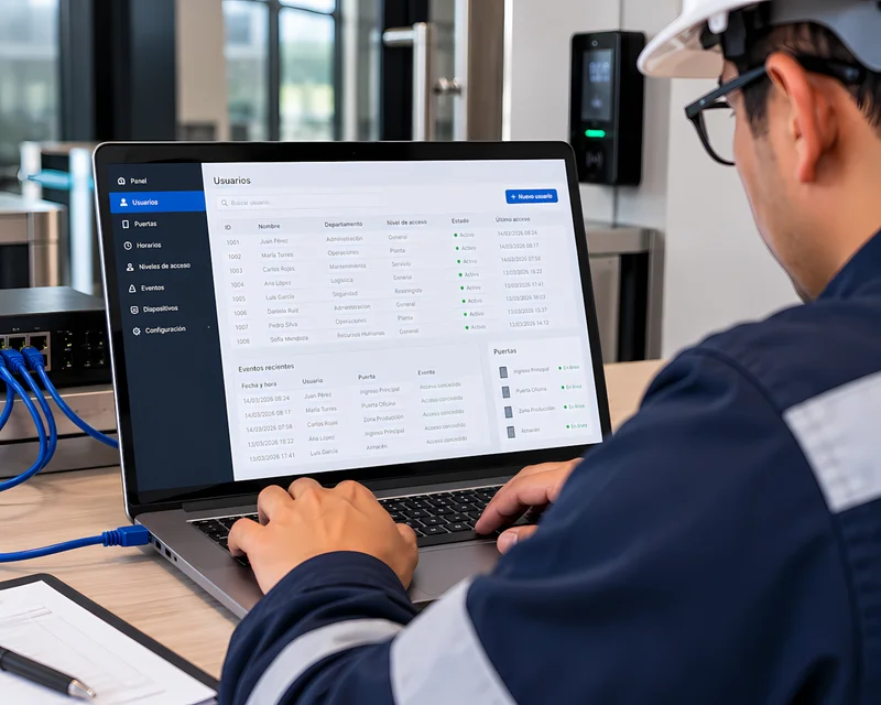 Laptop con software de gestión de control de acceso mostrando usuarios, permisos y registros de ingreso