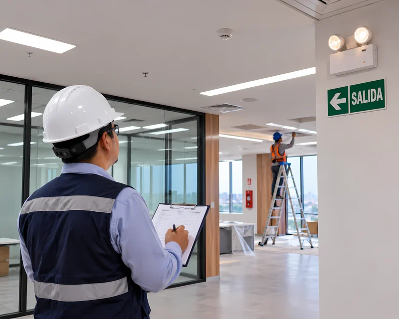 Supervisor revisando acabados y señalización de seguridad en un local comercial antes de su apertura