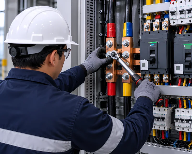 Ajuste de conexiones en tablero eléctrico industrial