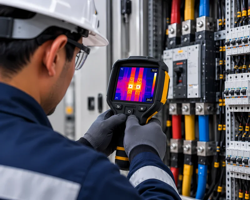 Técnico analizando imagen térmica de tablero eléctrico en cámara termográfica