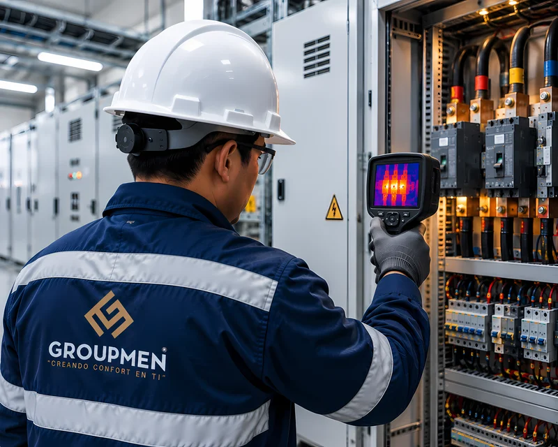 Cámara termográfica detectando punto caliente en tablero eléctrico