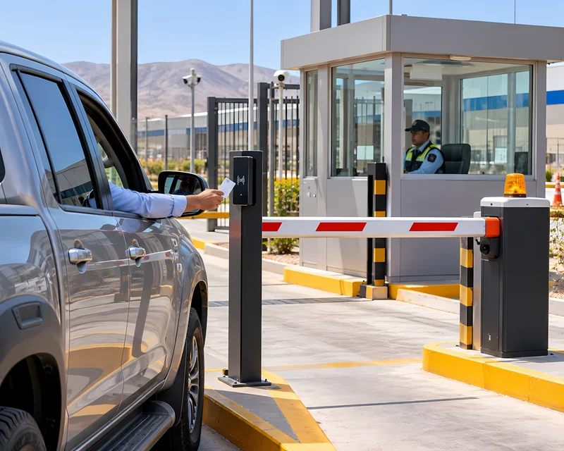 Barrera vehicular automática de control de acceso en la garita de ingreso de una empresa