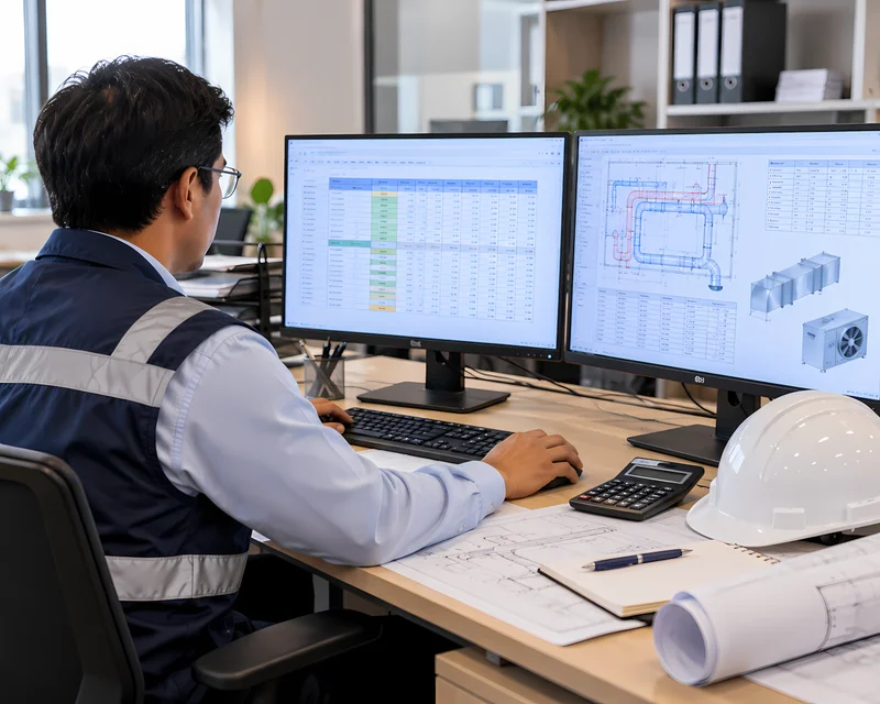 Ingeniero calculando caudales y renovaciones de aire en software de ventilación mecánica