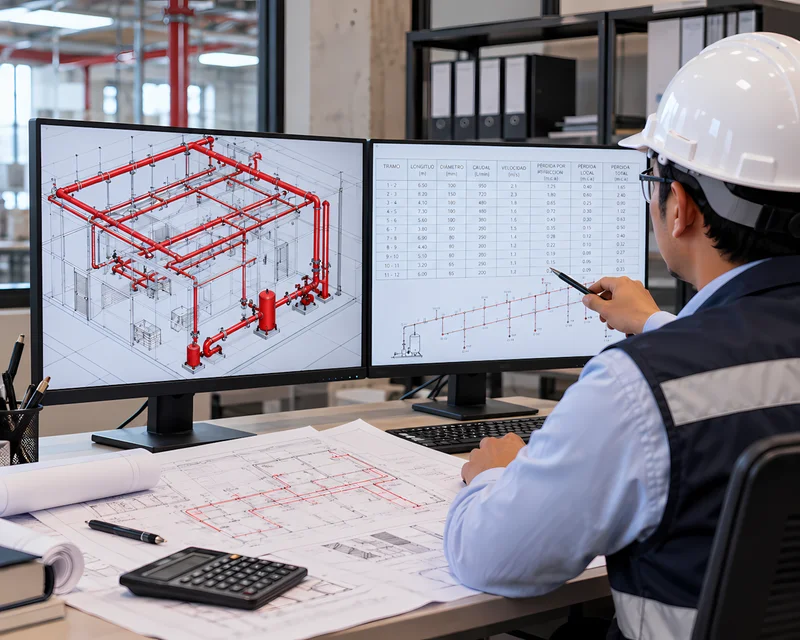 Ingeniero realizando el cálculo hidráulico de rociadores y gabinetes contra incendio en software
