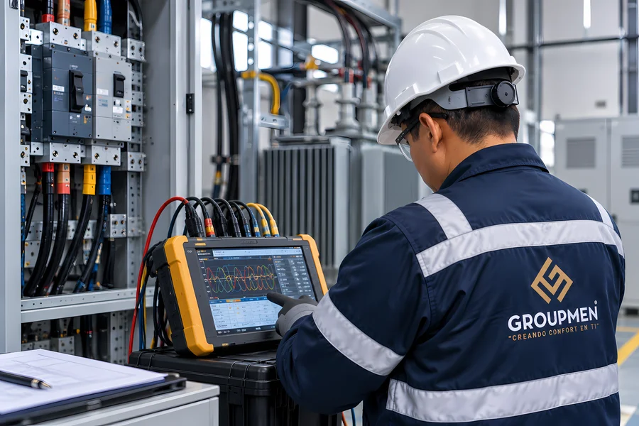 Técnico de Groupmen midiendo la calidad de energía para empresas con un analizador de redes en un tablero industrial