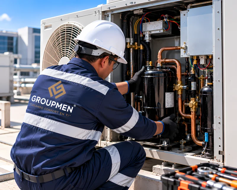 Técnico reemplazando compresor en reparación de aire acondicionado para empresas