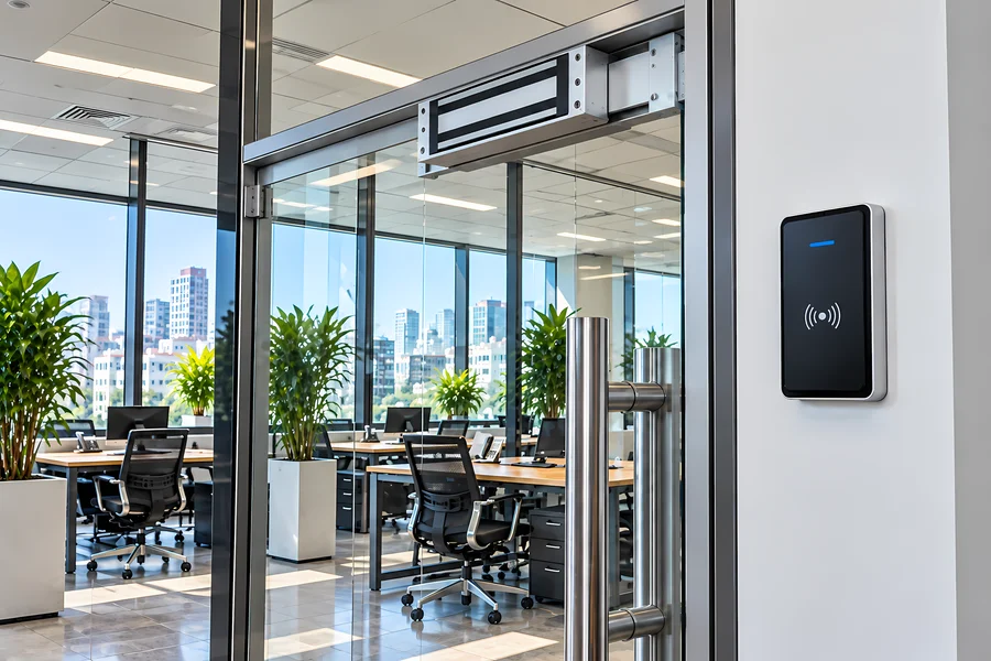 Instalando cerraduras electrónicas para empresas en la puerta de una oficina