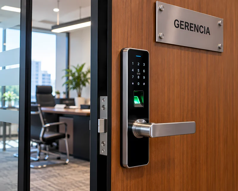 Cerradura biométrica con lector de huella instalada en la puerta de una gerencia