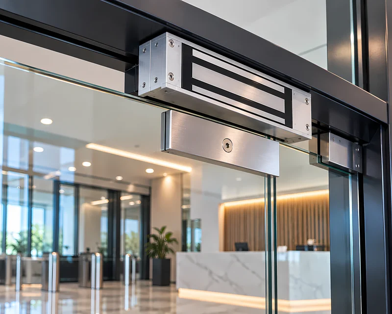 Cerradura electromagnética instalada en la parte superior de una puerta de vidrio de oficina
