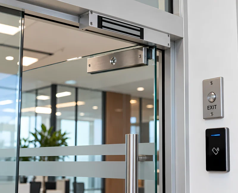 Puerta con cerradura electromagnética y pulsador de salida del sistema de control de acceso