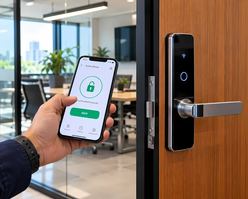 Smartphone con app abriendo a distancia una cerradura inteligente WiFi