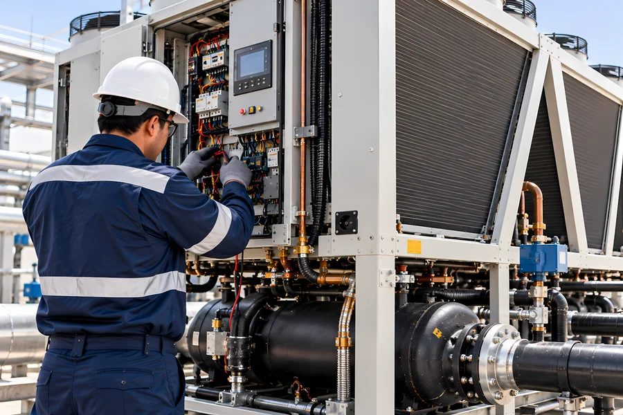 Técnico realizando mantenimiento preventivo de chillers industriales en una sala de máquinas.