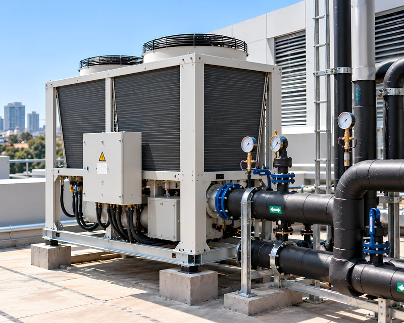 Chiller de aire acondicionado instalado en la sala de máquinas de un centro comercial