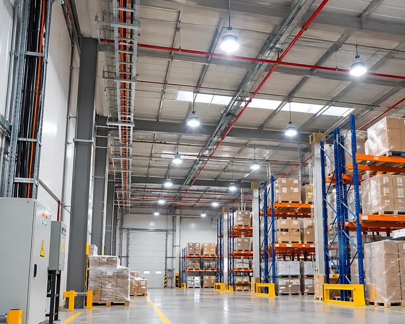 Almacén industrial con iluminación LED y bandejas portacables