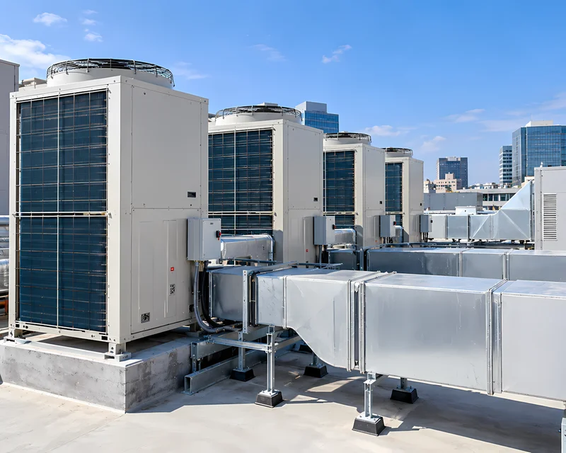 Equipos de aire acondicionado en la azotea de un edificio corporativo descritos en la memoria HVAC