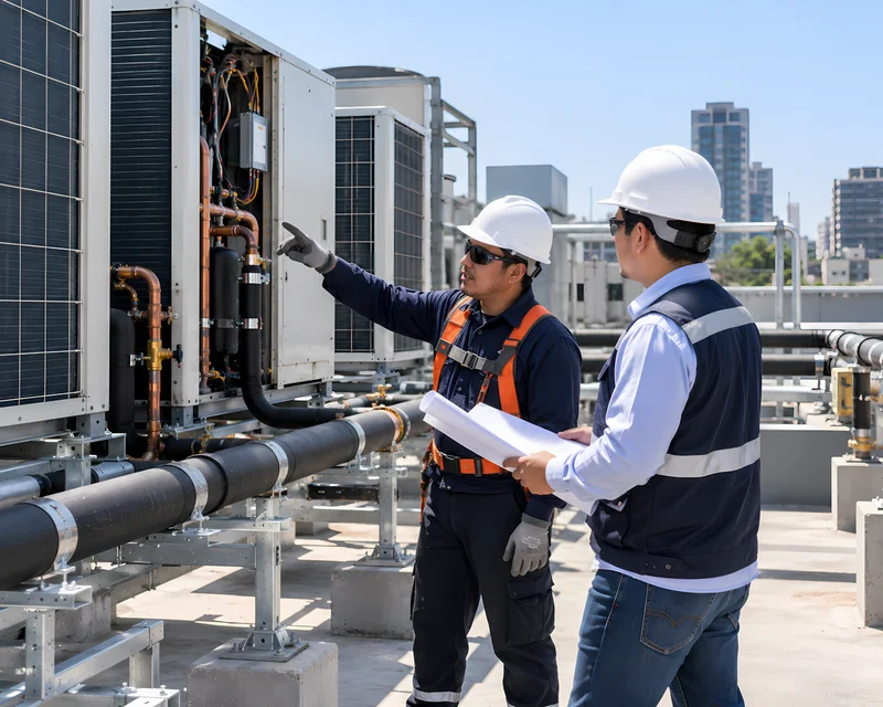Supervisor revisando el montaje de equipos de aire acondicionado en la azotea de una empresa
