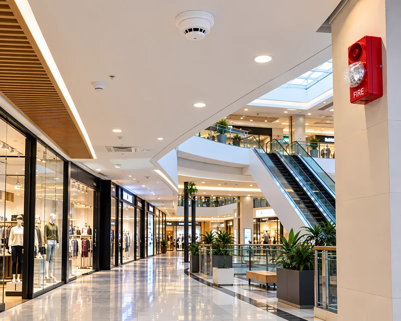 Centro comercial con sistema de alarma contra incendios