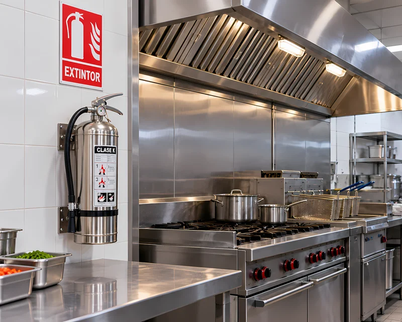 Extintor clase K en cocina de restaurante comercial
