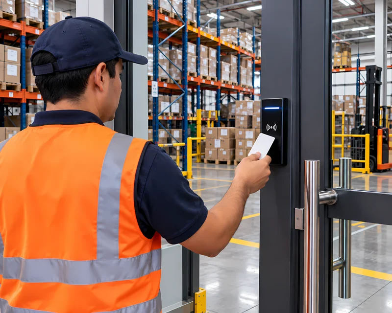Lectora RFID de control de acceso en la puerta de un almacén de tienda comercial