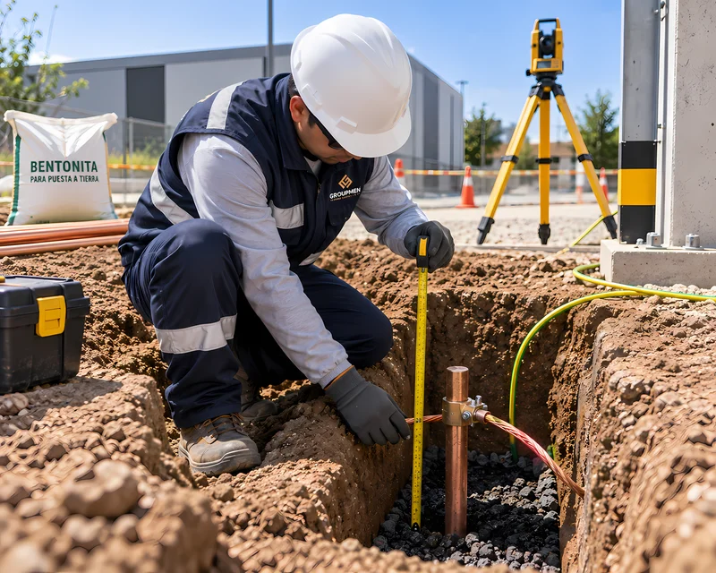 Técnico realizando la excavación e instalación durante la construcción de pozo a tierra