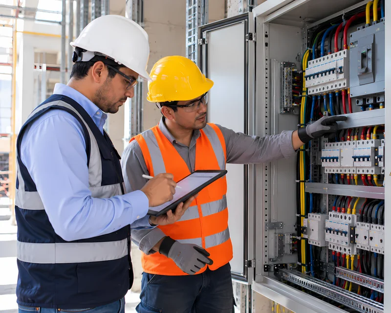 Supervisor de obra verificando con checklist la instalación de un tablero eléctrico