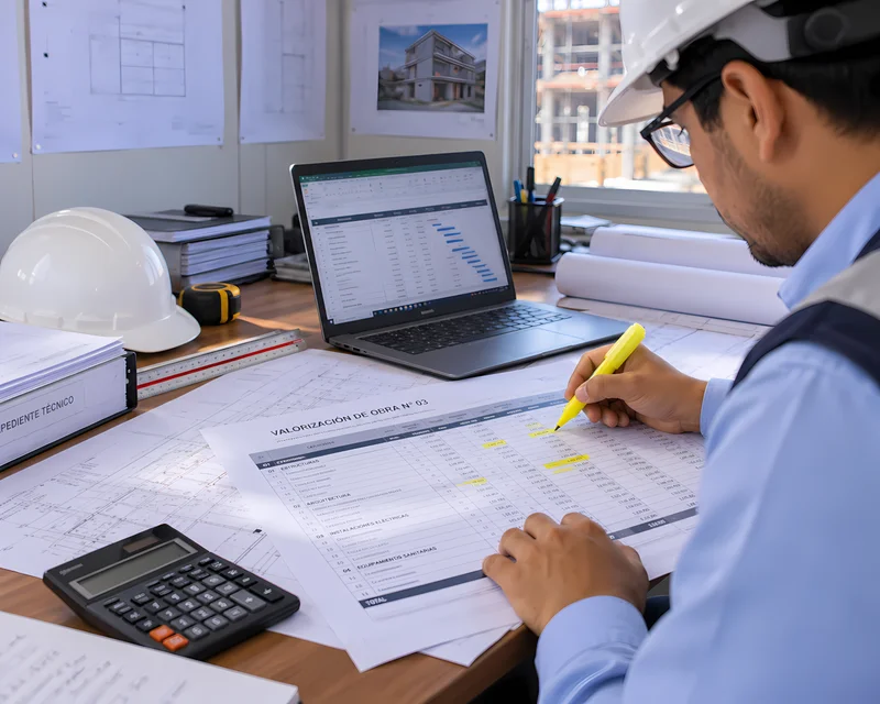 Ingeniero revisando metrados y valorización de obra con planos y calculadora