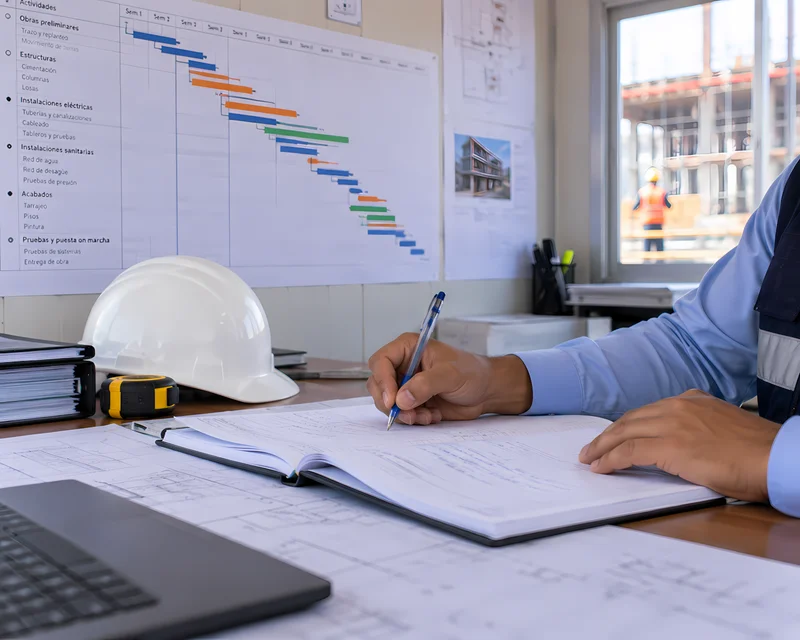 Supervisor anotando en el cuaderno de obra el avance del cronograma del proyecto