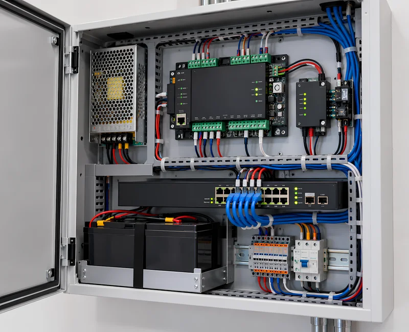 Panel controlador de control de acceso abierto en gabinete con cableado de lectoras y cerraduras