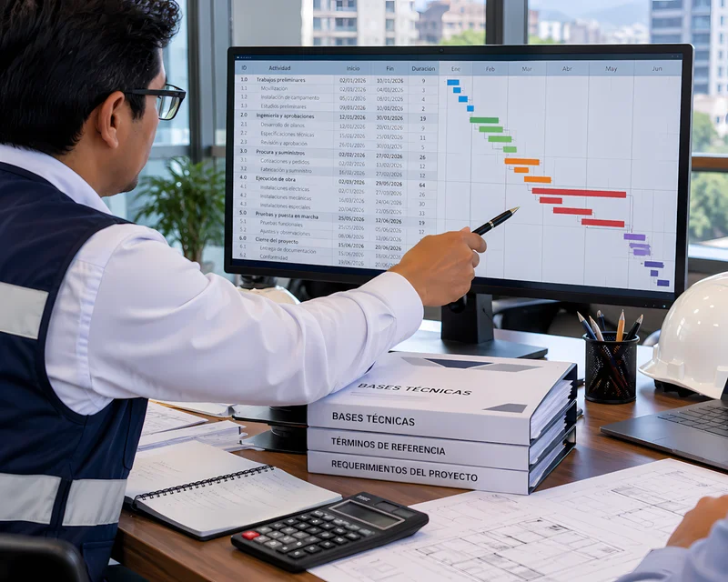 Monitor con diagrama de Gantt del cronograma de obra de un expediente técnico
