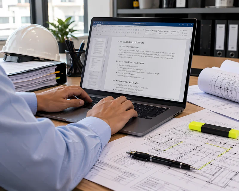 Ingeniero redactando la memoria descriptiva de instalaciones eléctricas y mecánicas en laptop