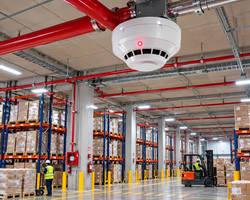 Detector de humo instalado en el techo de un almacén con racks de mercadería