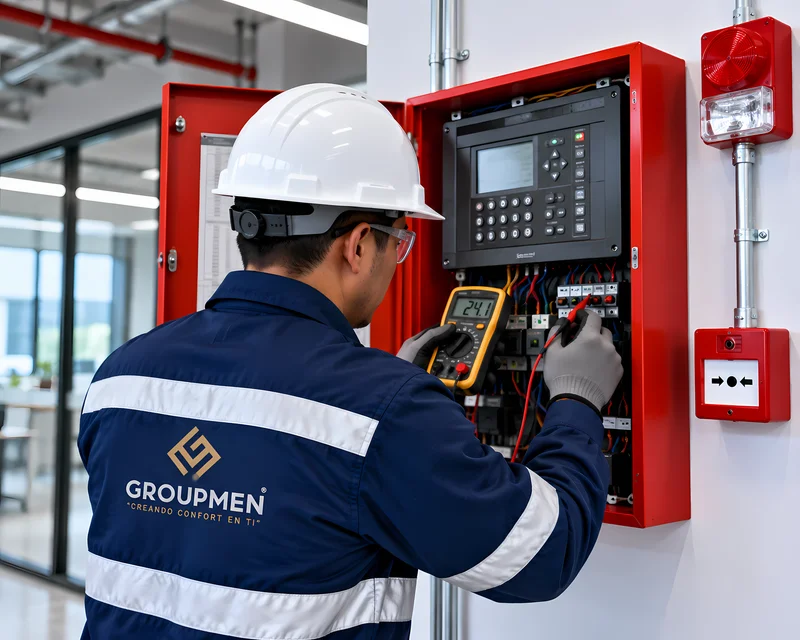 Técnico diagnosticando falla en panel de alarma con multímetro