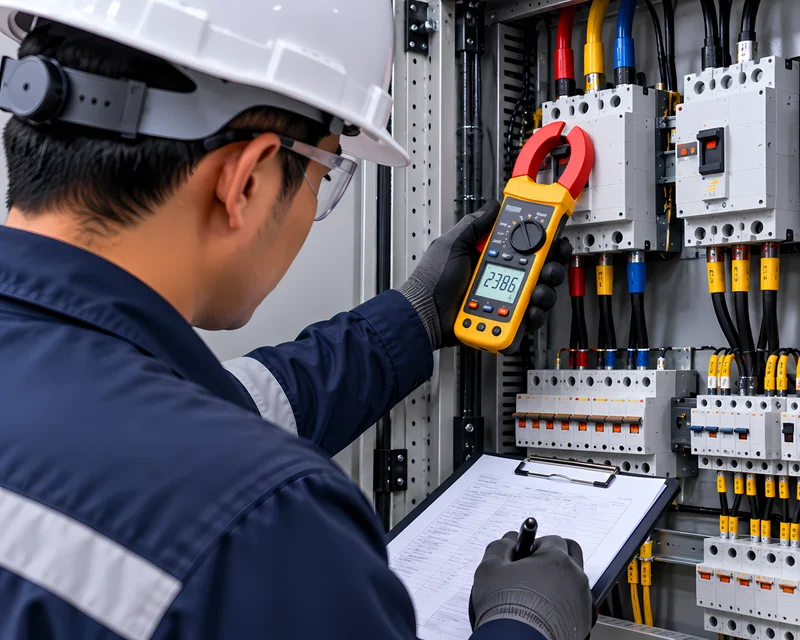 Técnico revisando con tablet el estado de un tablero eléctrico en el cuarto eléctrico de una empresa