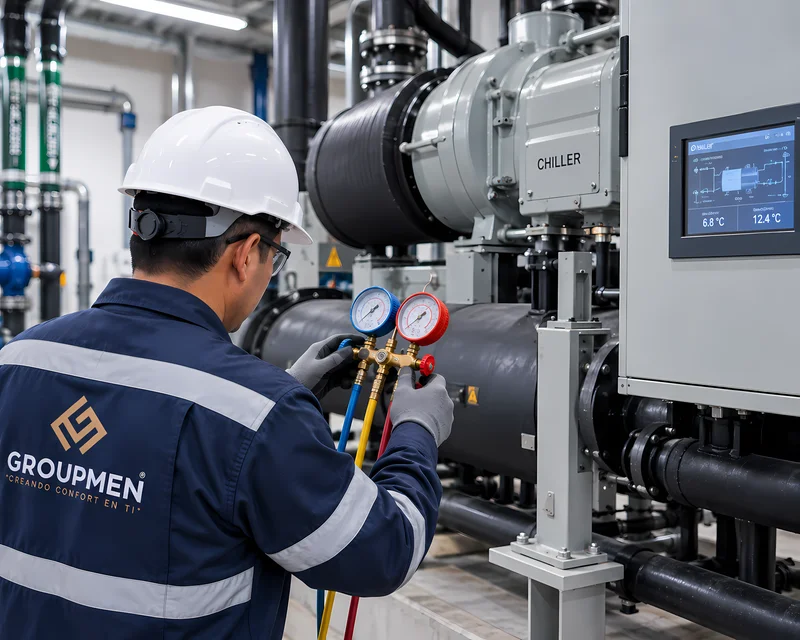 Técnico realizando diagnóstico de presión y temperatura en chiller industrial