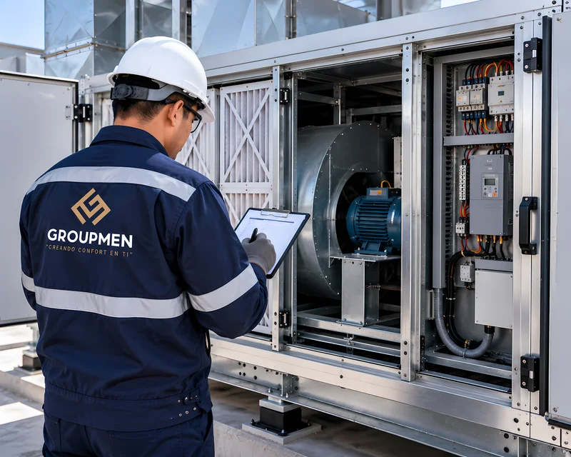 Técnico realizando diagnóstico de una Unidad Manejadora de Aire (UMA)