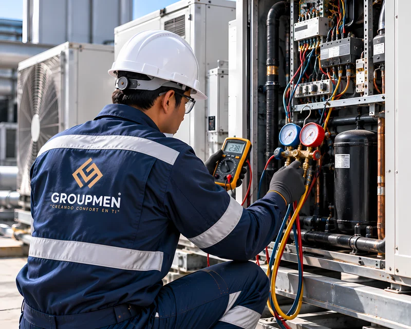 Diagnóstico técnico de una emergencia HVAC con multímetro y manómetros