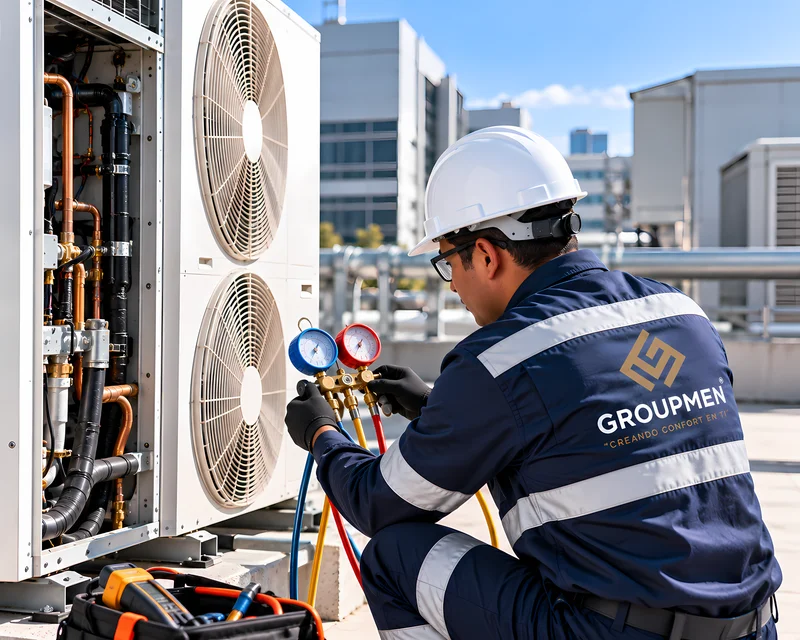 Técnico realizando diagnóstico para reparación de aire acondicionado para empresas