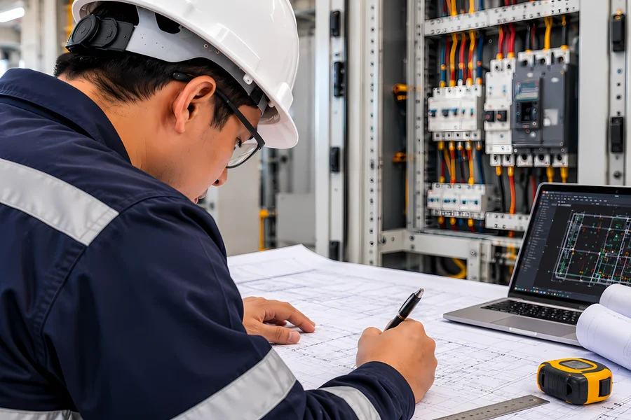 Revisando planos en el diseño de instalaciones eléctricas para empresas
