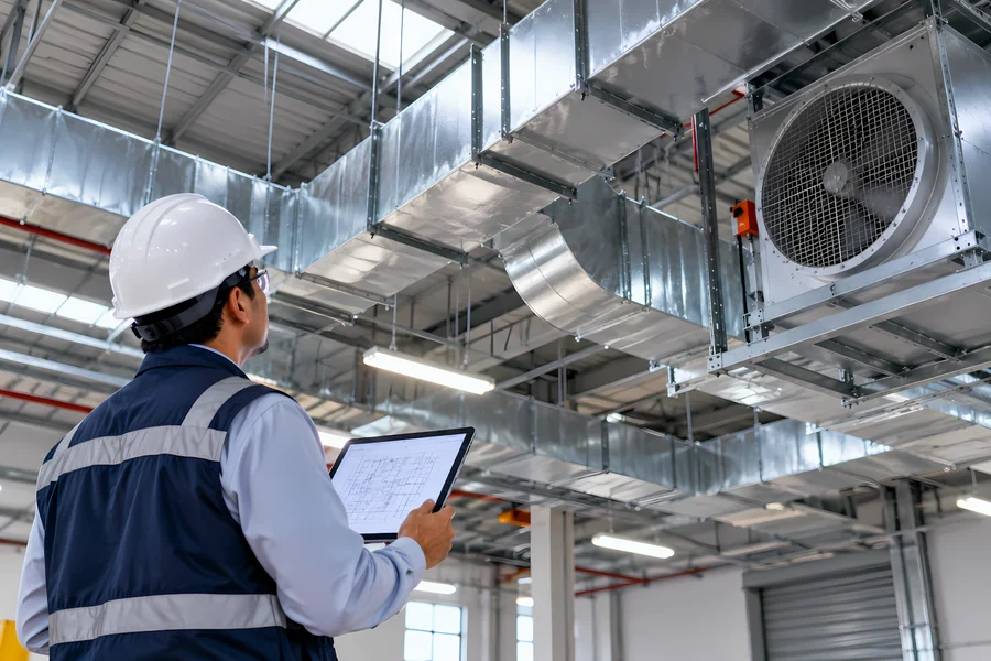 diseño de ventilación con ductos en una nave industrial