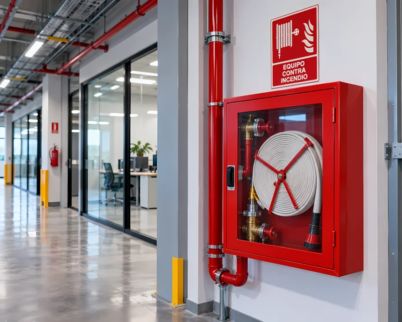 Gabinete contra incendio con manguera y válvula en el pasillo de una empresa
