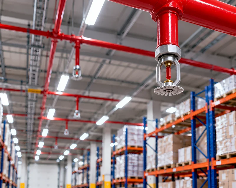 Red de rociadores automáticos contra incendio en el techo de un almacén industrial