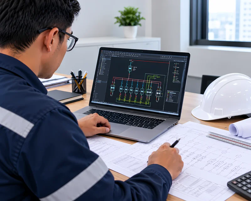 Ingeniero revisando el diagrama unifilar para el diseño de un tablero eléctrico