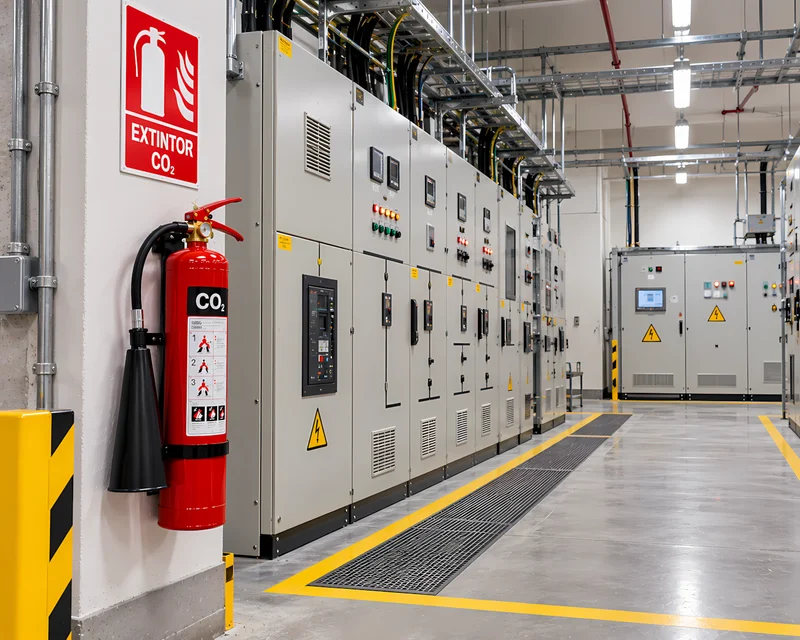 Extintor de CO2 junto a subestación eléctrica