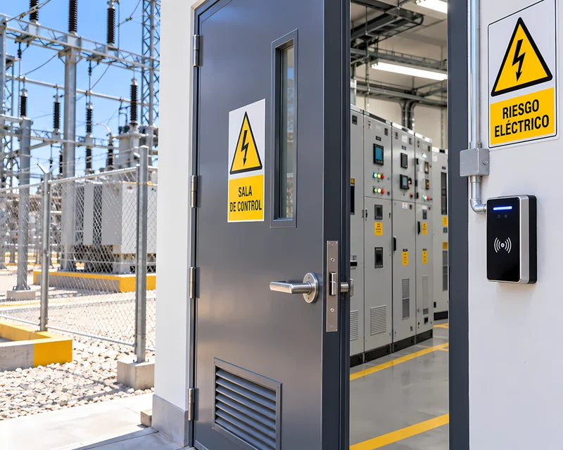 Puerta con lectora de control de acceso en la sala de control de una subestación eléctrica