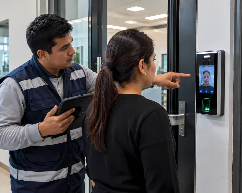 Colaboradora registrando su rostro en un terminal biométrico durante el enrolamiento