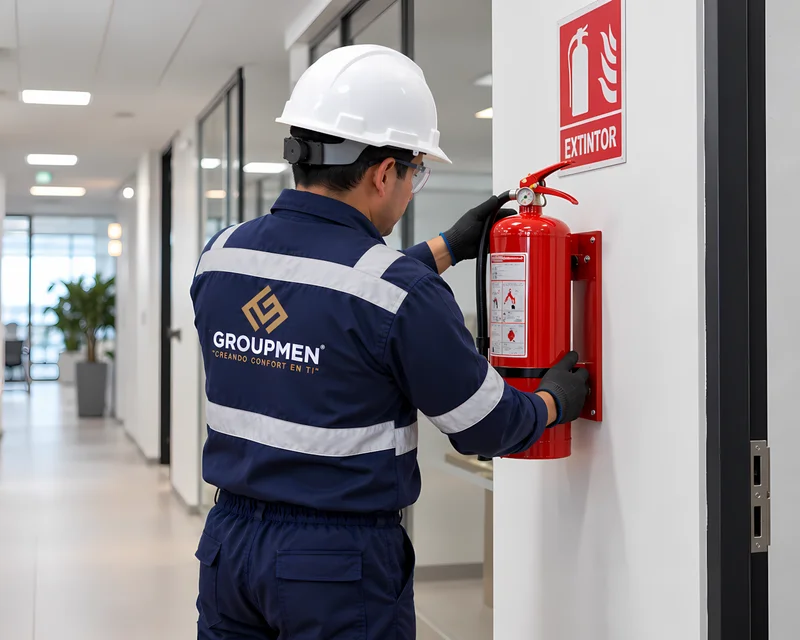 Extintores de reemplazo instalados durante el mantenimiento en oficina