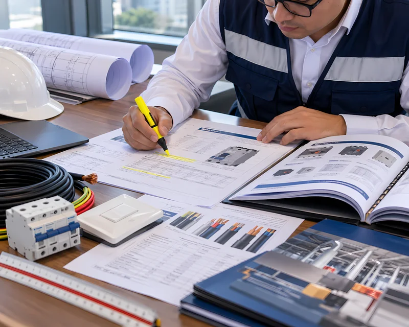 Ingeniero revisando fichas técnicas de equipos para las especificaciones del expediente técnico