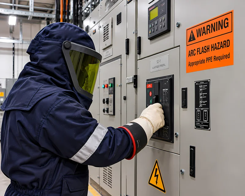 Técnico con traje de protección contra arco eléctrico frente a un tablero etiquetado