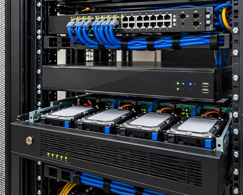 Grabador NVR instalado en rack con discos duros para el sistema de videovigilancia
