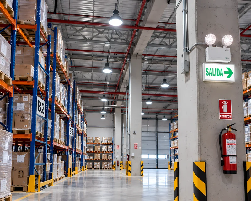 Almacén industrial iluminado con campanas LED y luces de emergencia